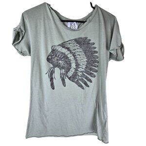 Zoe Karssen Green Native American Graphic Tee Feather Print Short Sleeves S